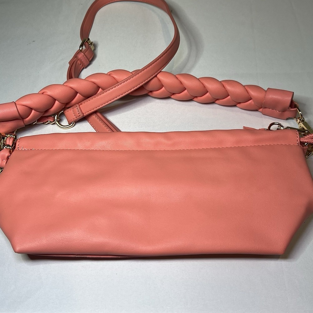 Steve Madden Peach Pink Smooth Faux Leather Crossbody Bag Woven Clutch Strap - Picture 8 of 9